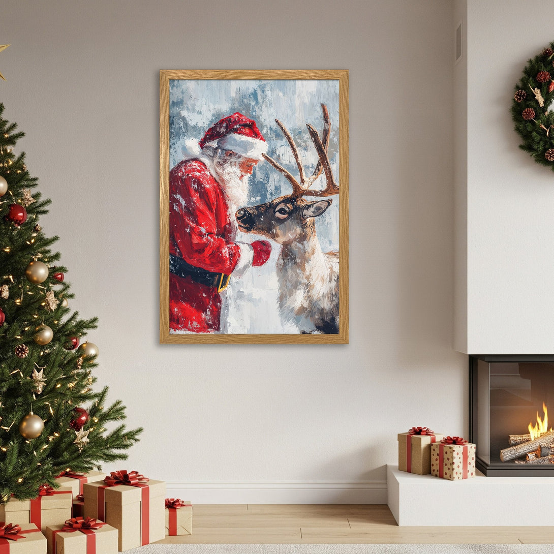 Framed Poster featuring Santa & reindeer in a painterly style. Red & white palette creates a cozy Christmas vibe. Perfect holiday decor!