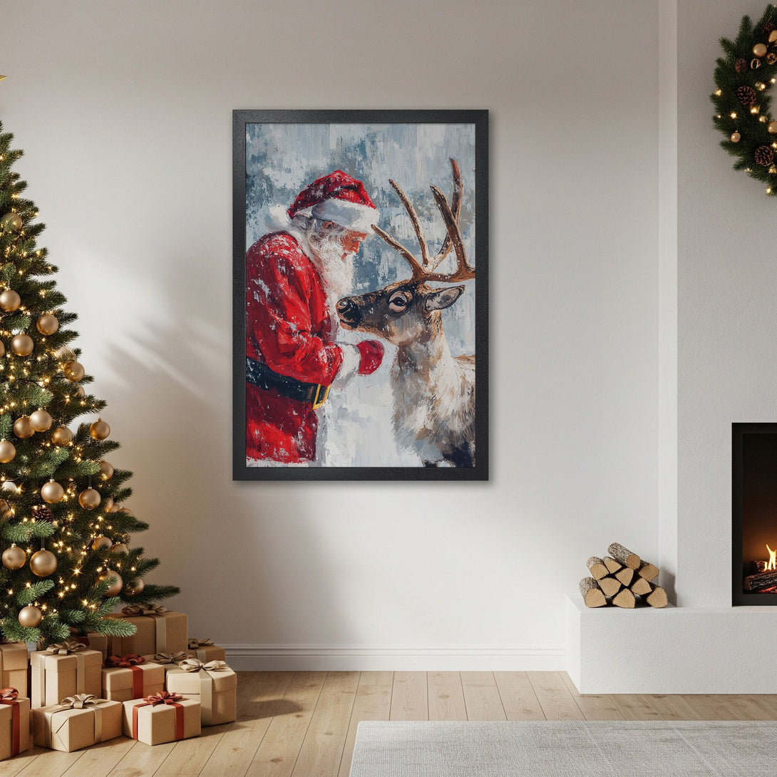 Framed Poster: Santa Claus and reindeer oil painting in red, white, and blue, perfect Christmas decor.