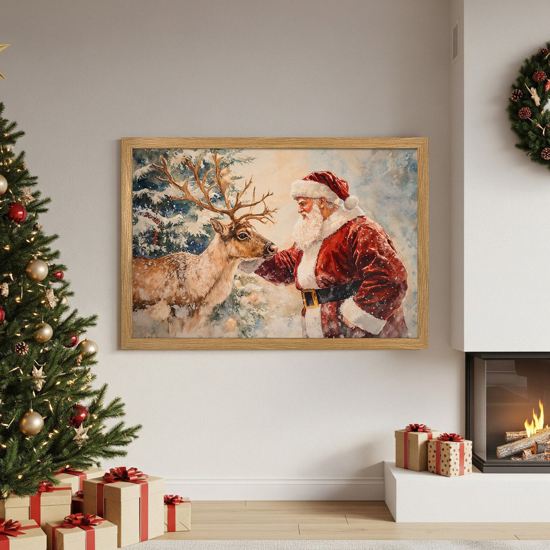 Framed Poster featuring Santa Claus and a reindeer in watercolor style, warm red and blue tones. Perfect Christmas decor!