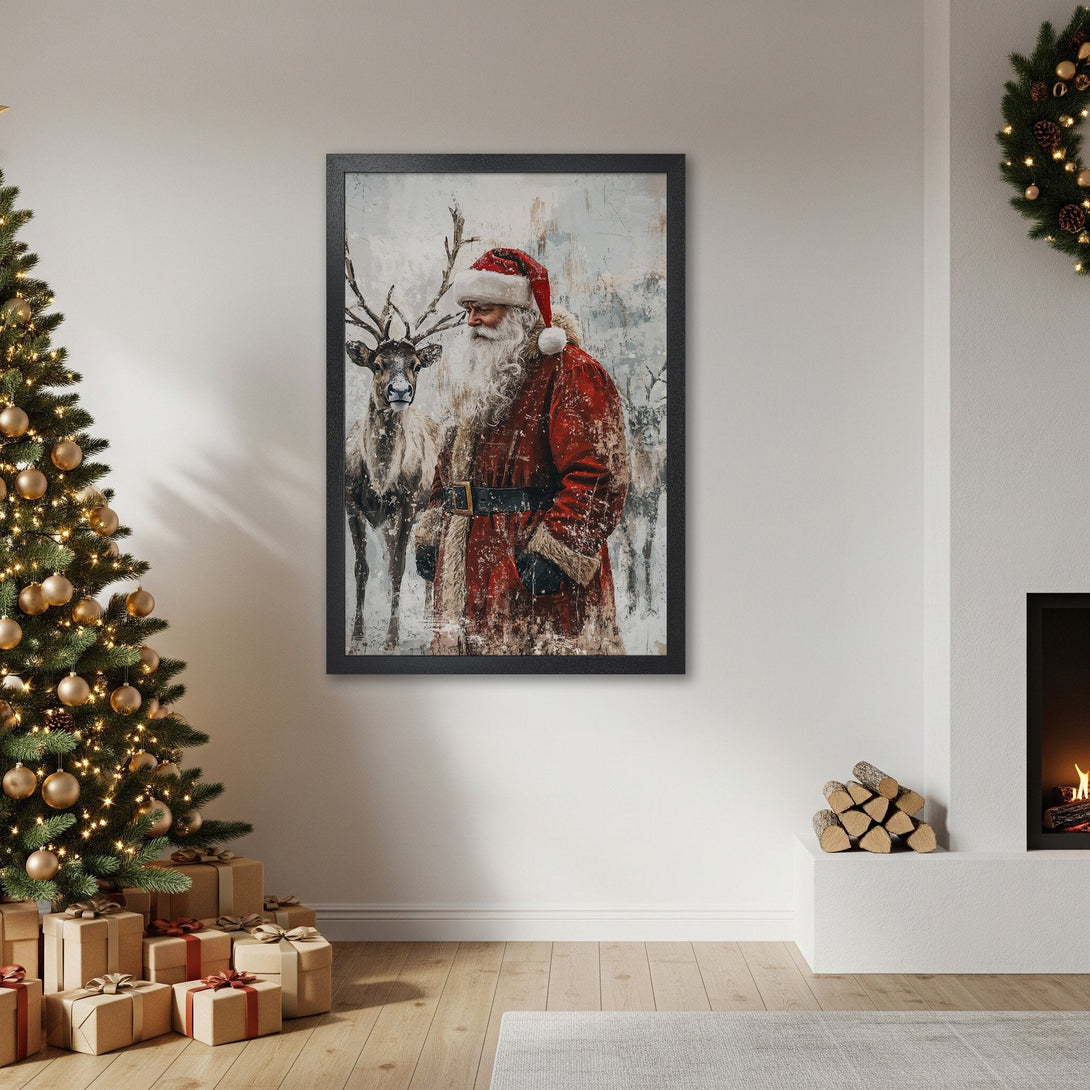 Framed Poster featuring Santa Claus and reindeer, a festive Christmas art print with a red, white, and neutral color palette.