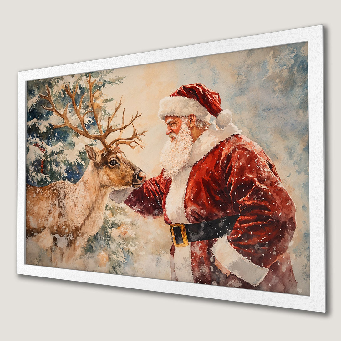 Framed Poster featuring Santa Claus and a reindeer in a watercolor style, with a warm, festive color palette. Perfect Christmas decor!