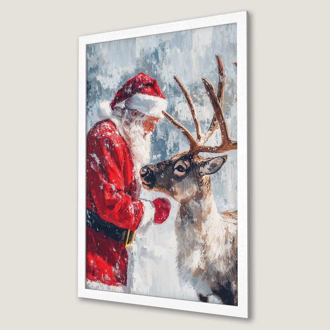 Framed Poster featuring Santa Claus and a reindeer in a painterly style with red, white, and blue tones. Perfect Christmas decor!