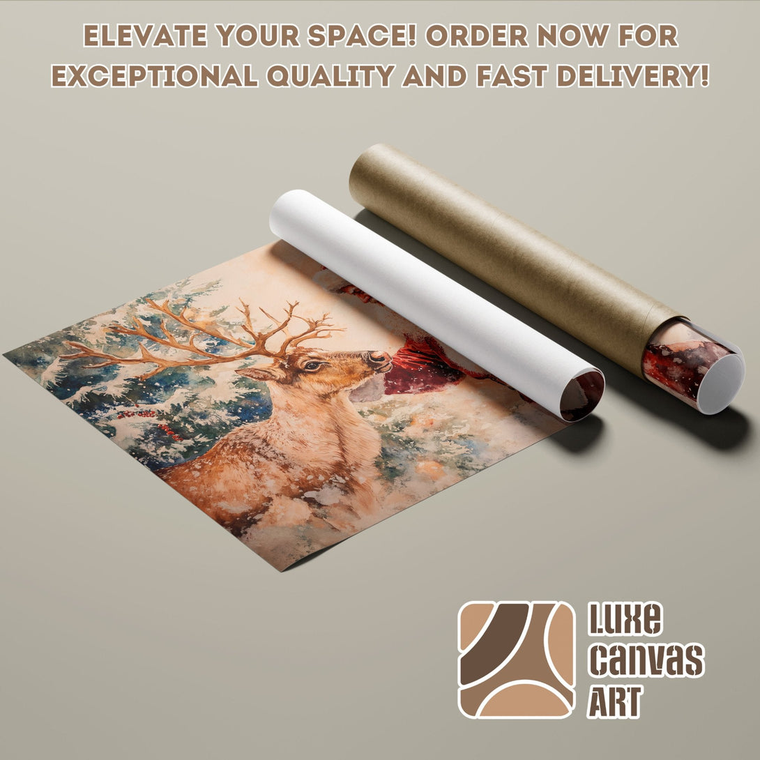 Poster Roll featuring a watercolor deer in a winter scene. Earthy tones and artistic style. Order now!