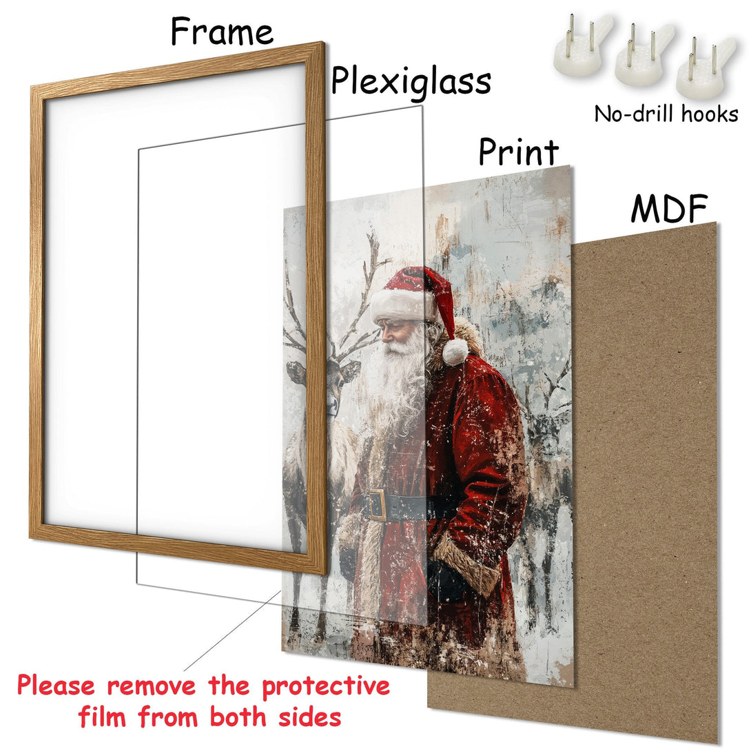 Framed Poster featuring Santa Claus, artistic style, with red and neutral color palette. Perfect holiday decor!
