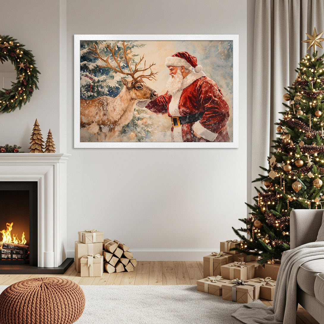 Framed Poster of Santa and a reindeer in watercolor style, warm red and beige tones, perfect for Christmas decor.