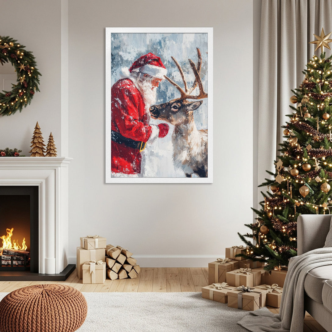 Framed Poster featuring Santa and a reindeer in an expressive, painterly style with a red, white, and blue color palette. Perfect Christmas decor!