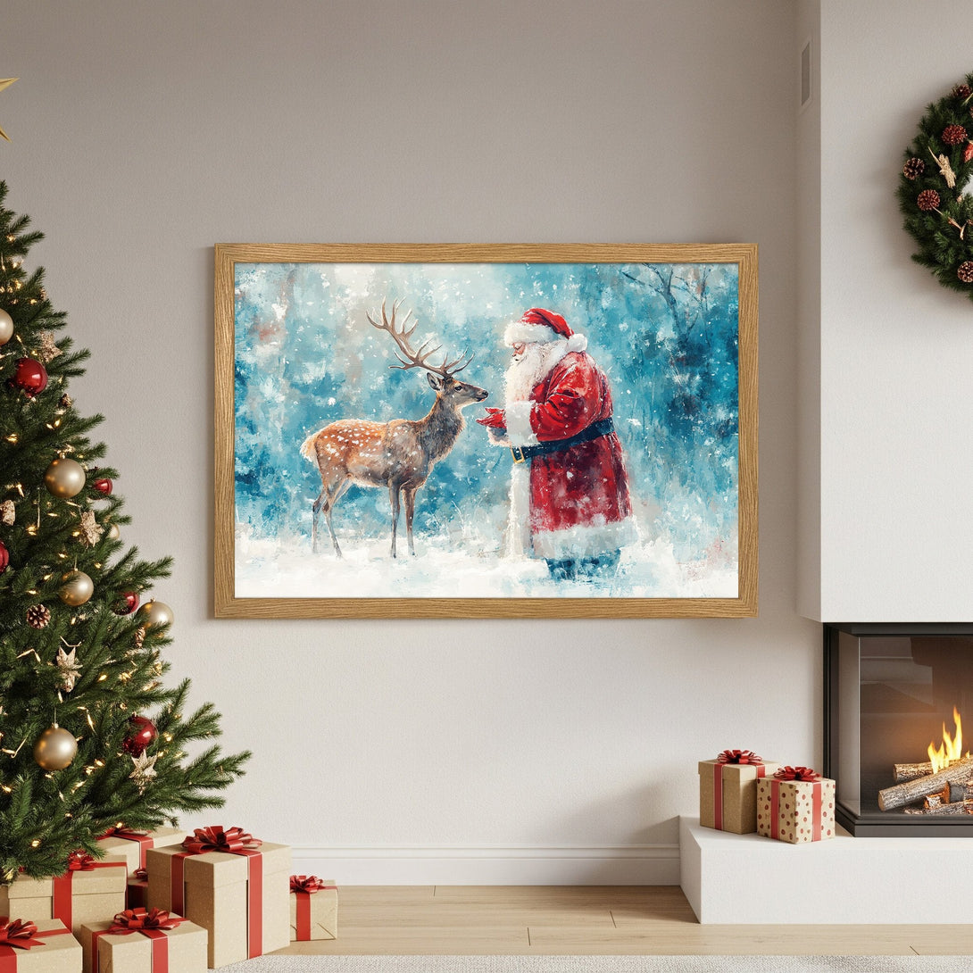 Framed Poster featuring Santa and a deer in a winter scene, painted in a watercolor style with a blue and red color palette. Perfect Christmas decor!
