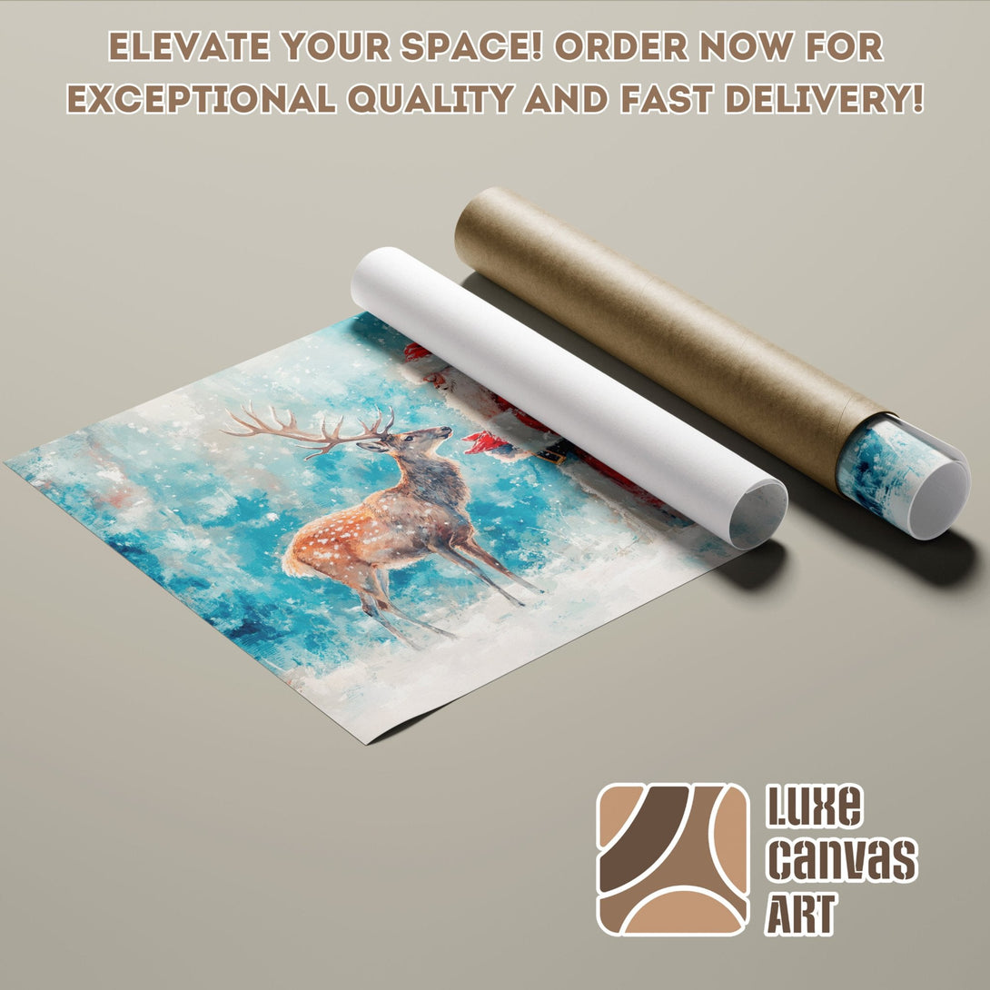 Deer Poster Roll, watercolor style, blue and brown palette. Elevate your space with Luxe Canvas Art!