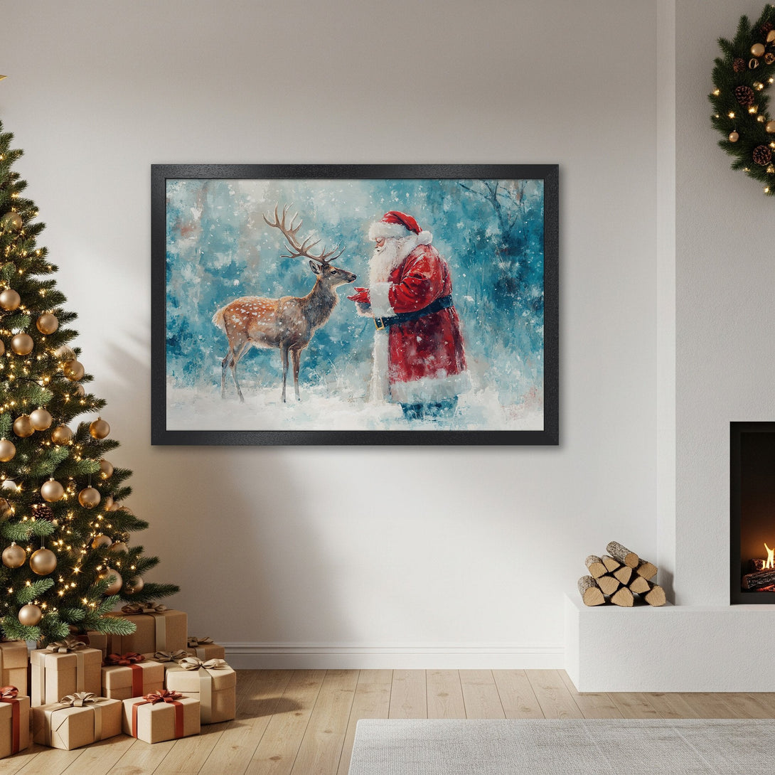 Framed Poster featuring Santa Claus and a deer in a winter scene, painted in a watercolor style with a blue and red color palette. Perfect Christmas decor!