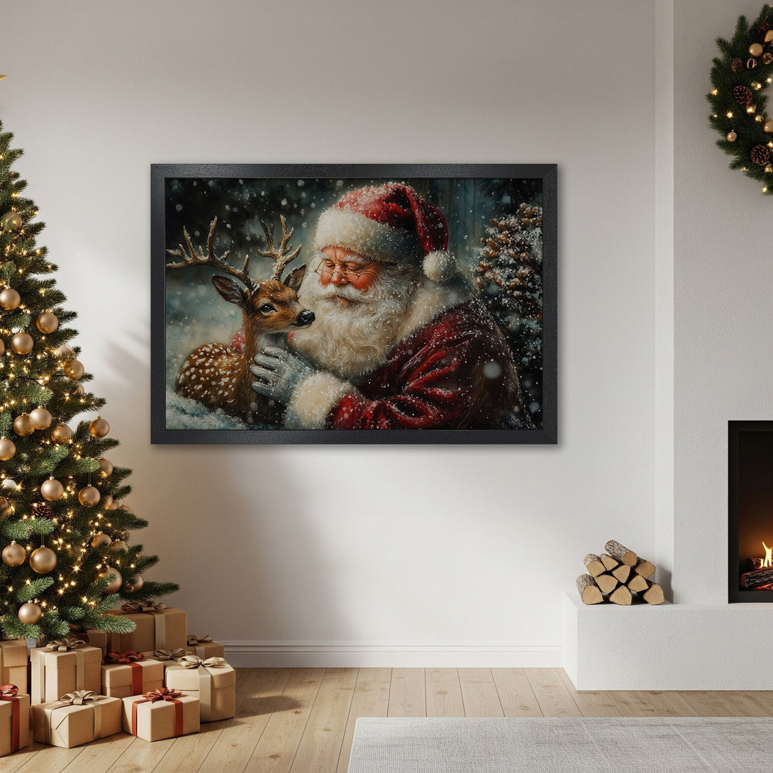 Framed Poster featuring Santa Claus and a reindeer in a snowy scene. Festive, warm colors. Perfect Christmas decor!