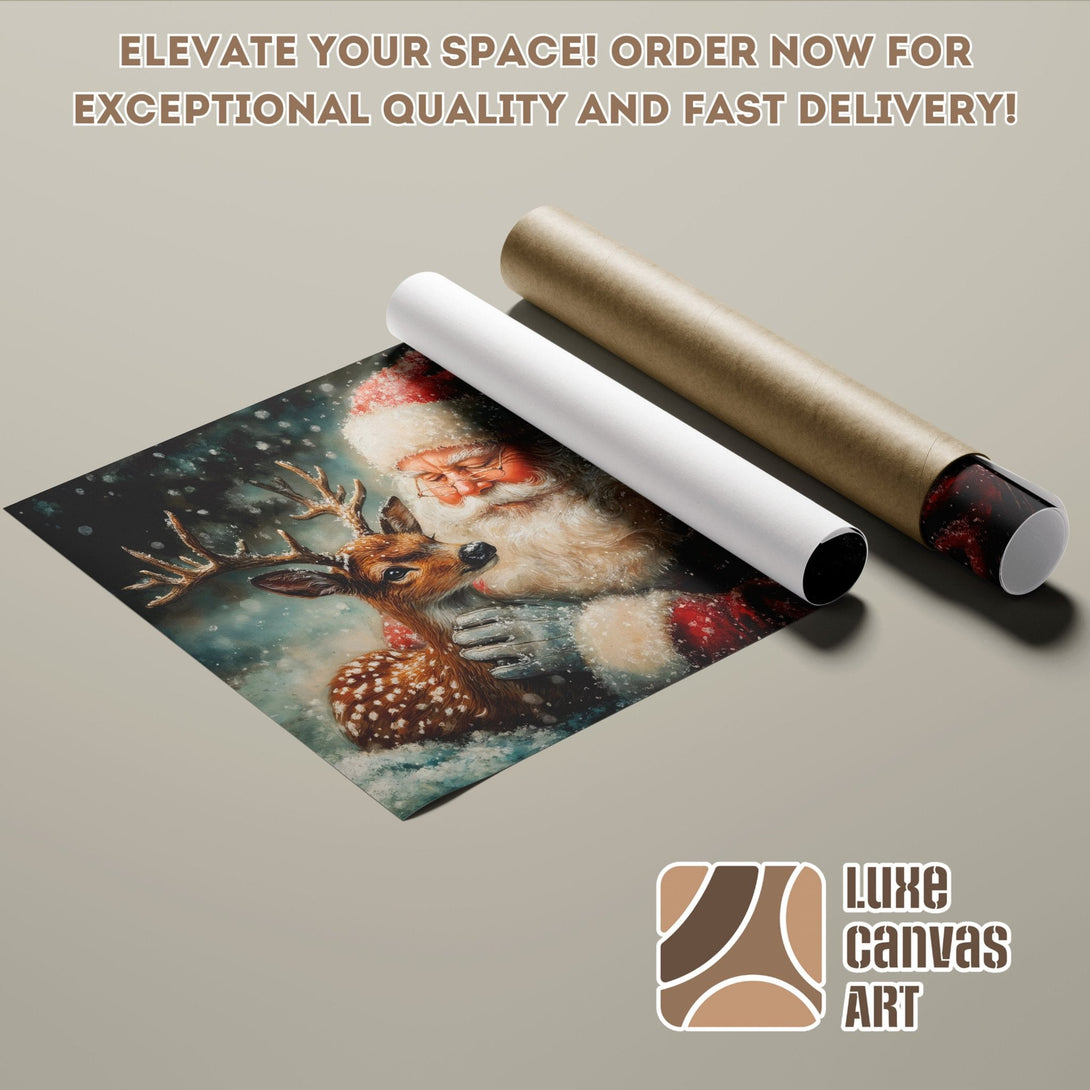 Poster Roll featuring Santa Claus and a deer, winter scene, warm color palette. Perfect holiday decor!