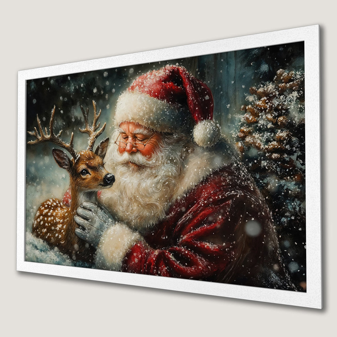 Framed Poster featuring Santa Claus and a reindeer in a heartwarming winter scene. Rich reds, whites, and browns create a cozy, festive ambiance. Perfect Christmas decor!