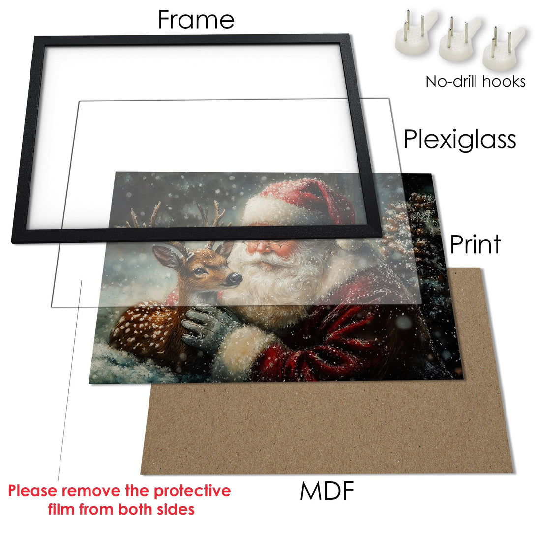 Framed Poster featuring Santa and a deer in a wintery scene. Warm red, brown, and white color palette. Perfect Christmas decor!
