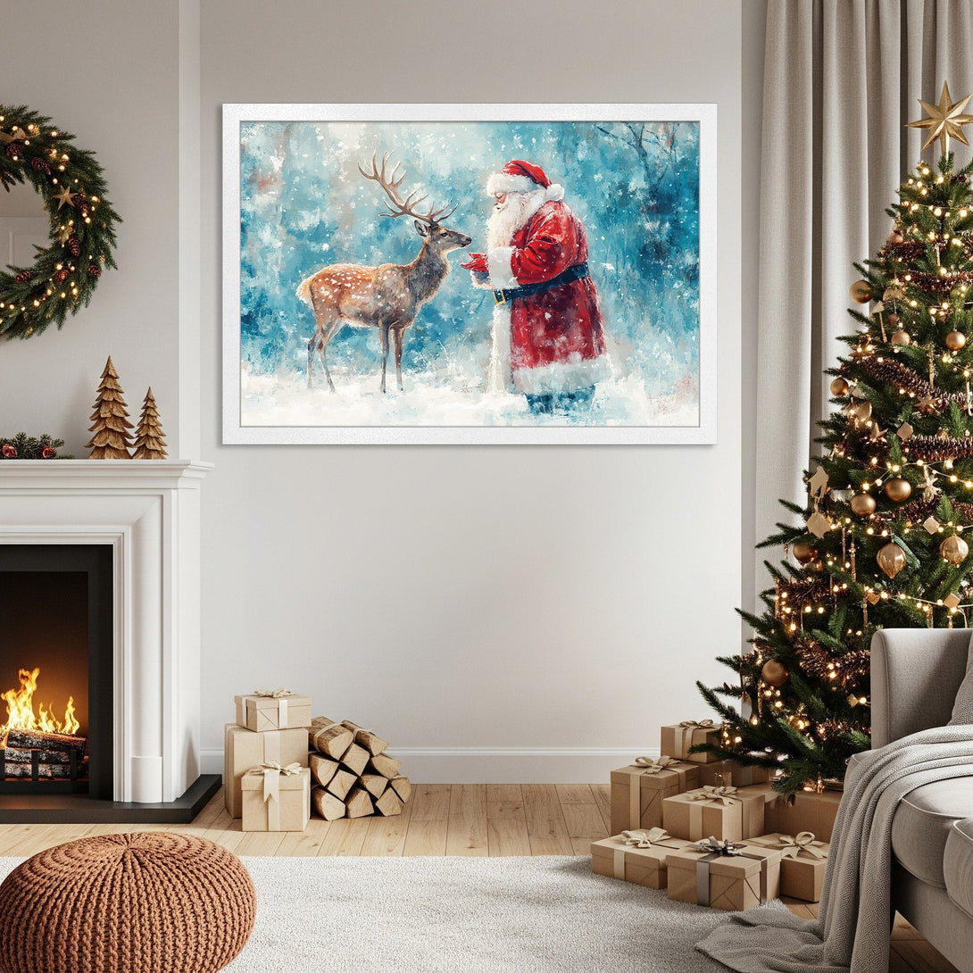 Framed Poster featuring Santa Claus and a deer in a winter scene. Watercolor style, blue & red color palette. Perfect Christmas decor!