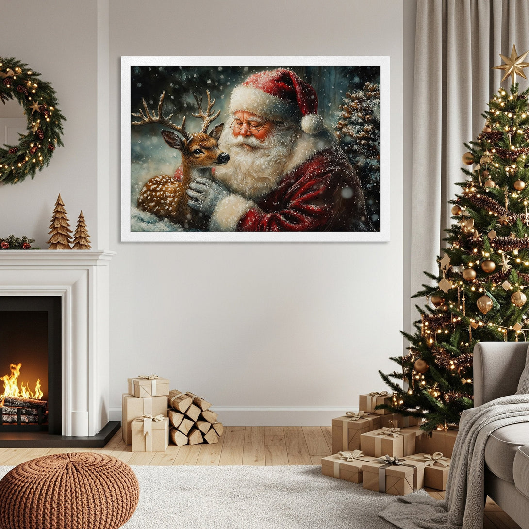 Framed Poster featuring Santa Claus and a deer in a cozy, wintery scene. Warm, inviting colors. Perfect Christmas decor!