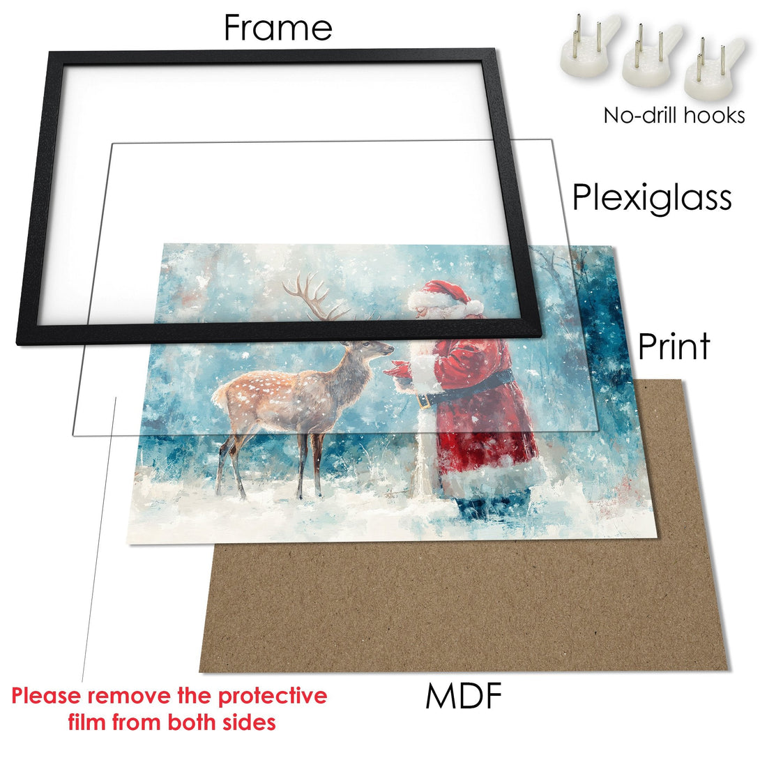 Framed Poster featuring Santa and a deer in a watercolor style, with a blue and red color palette. Perfect Christmas decor!