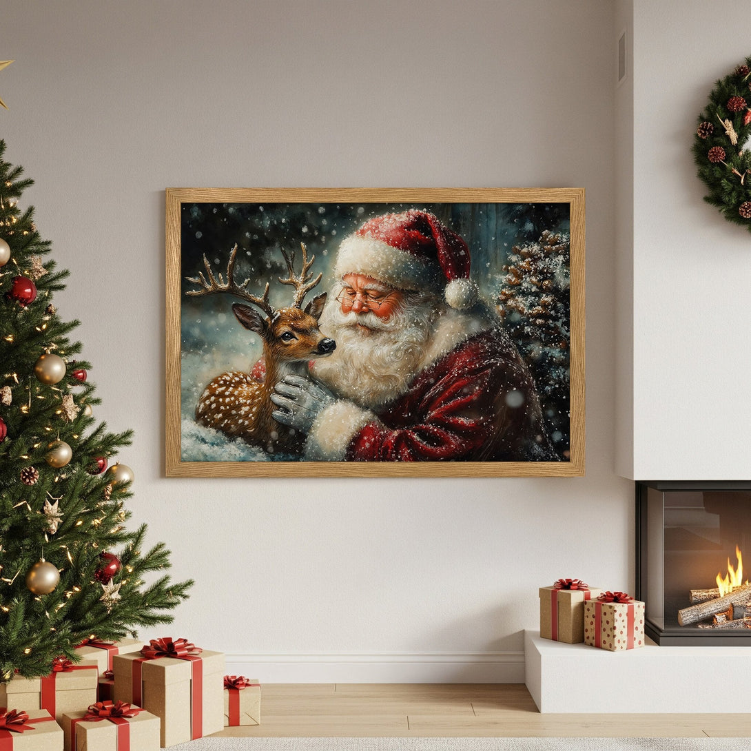 Framed Poster featuring Santa Claus & reindeer in a snowy scene. Warm, inviting colors and a classic style perfect for holiday decor.