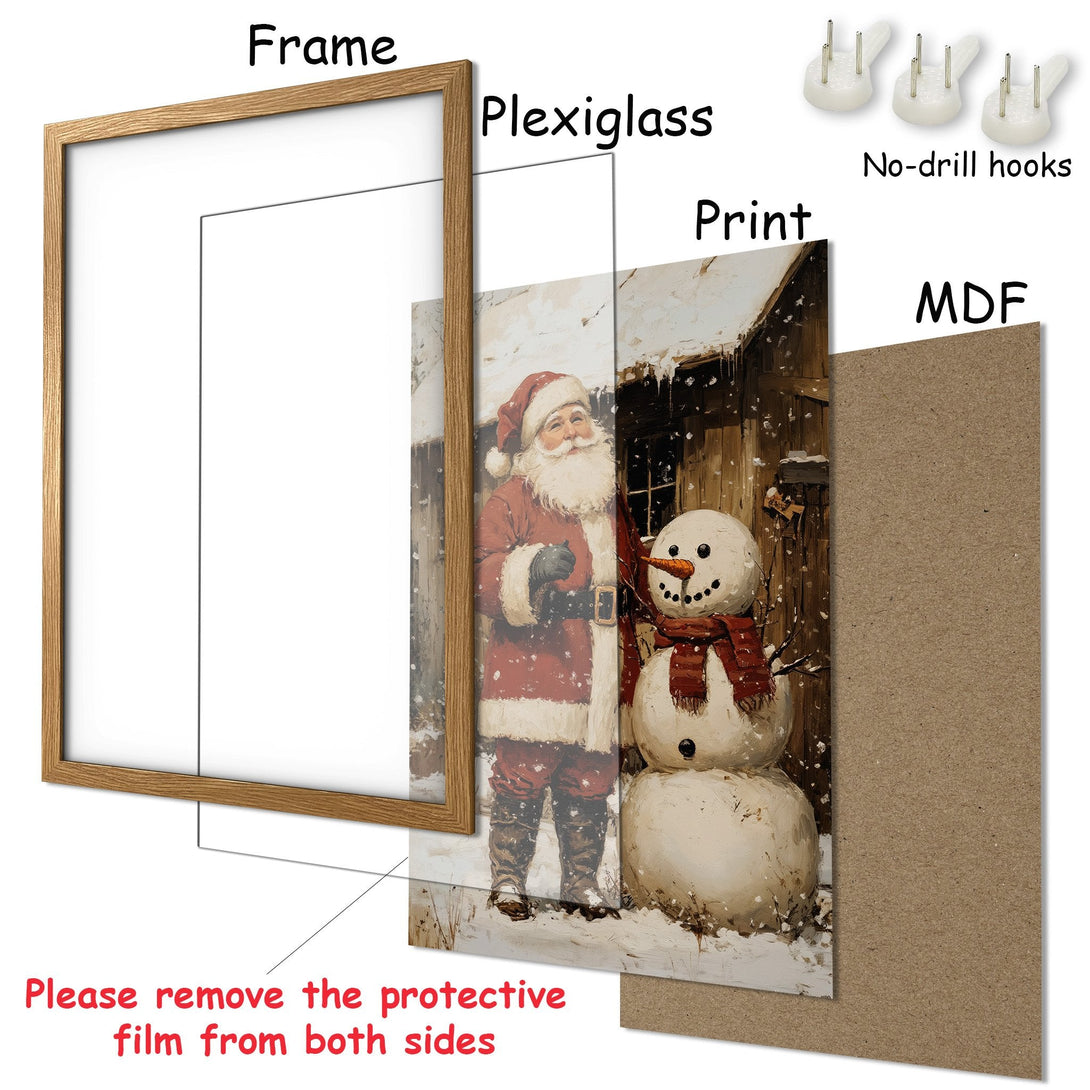 Framed Poster featuring Santa Claus and a snowman in a winter scene, warm color palette. Perfect holiday decor!