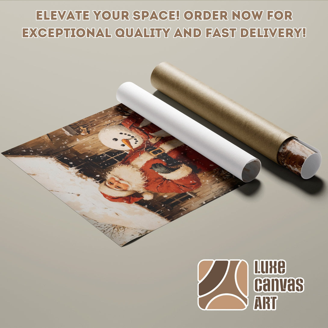 Christmas Poster Roll featuring Santa & snowman in warm tones. Elevate your space with this festive art!