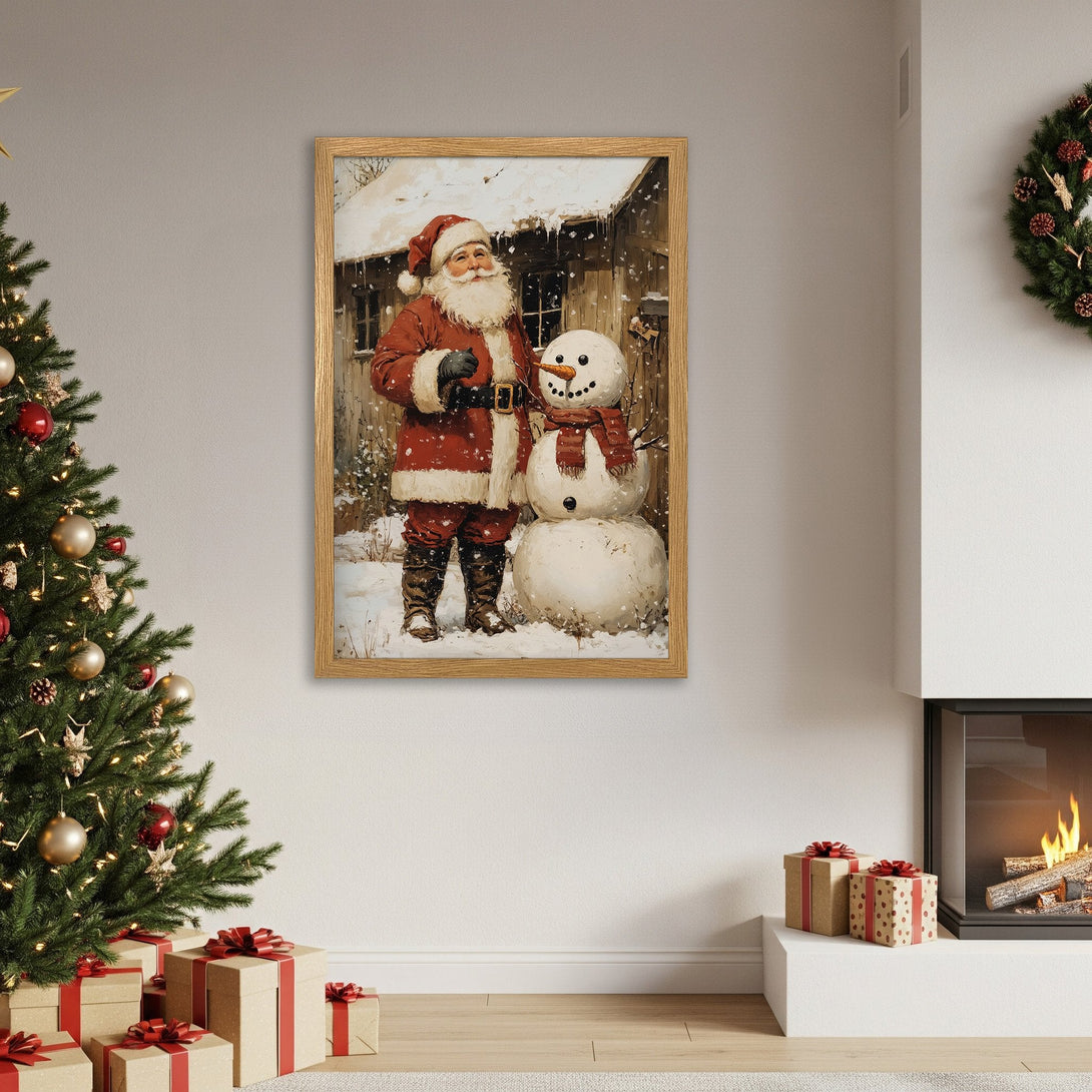 Framed Poster featuring Santa & snowman in a vintage style, warm red & white palette, perfect Christmas decor.