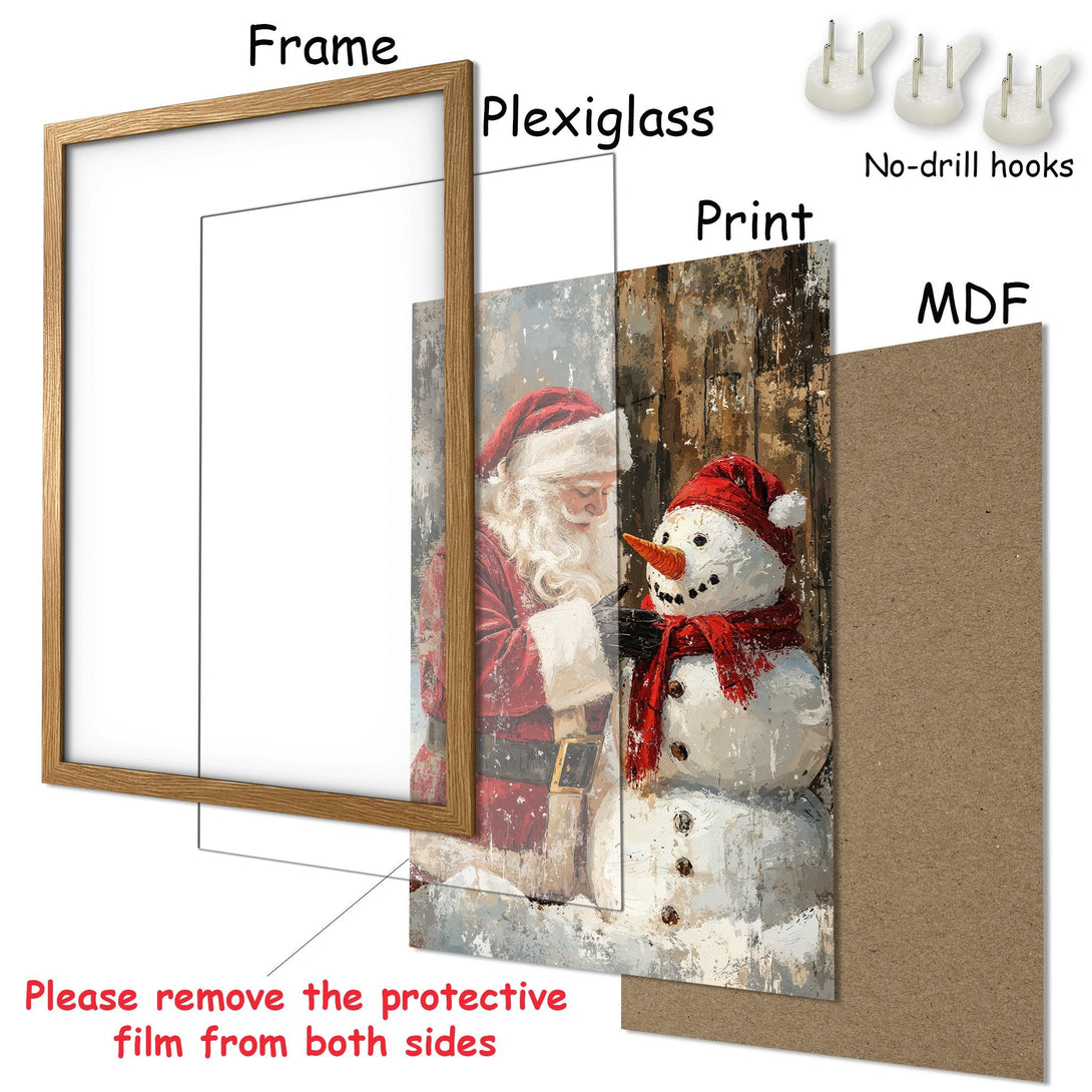 Framed Poster featuring Santa and a snowman in a rustic style with a warm red and brown color palette, perfect for holiday decor.
