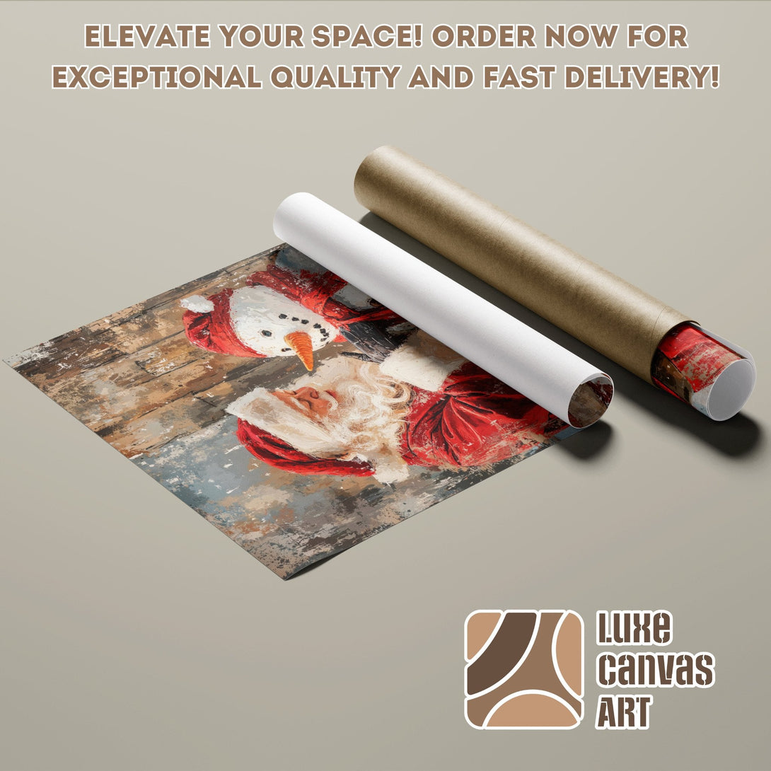 Christmas Poster Roll featuring Santa & snowman, rustic style, red & brown palette. Order now!