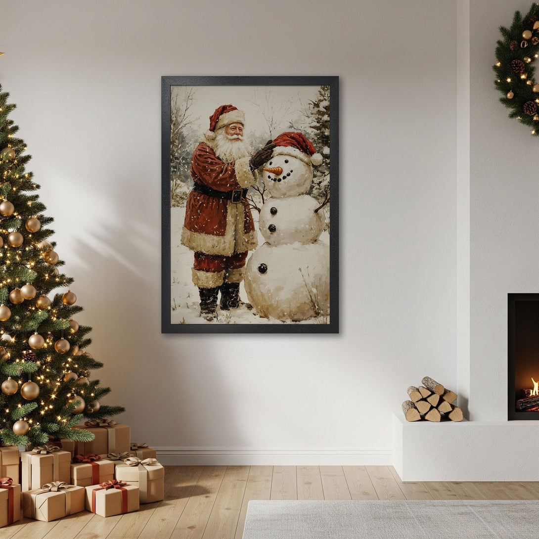 Framed Poster featuring Santa building a snowman, vintage style, warm red and neutral tones. Perfect Christmas decor!