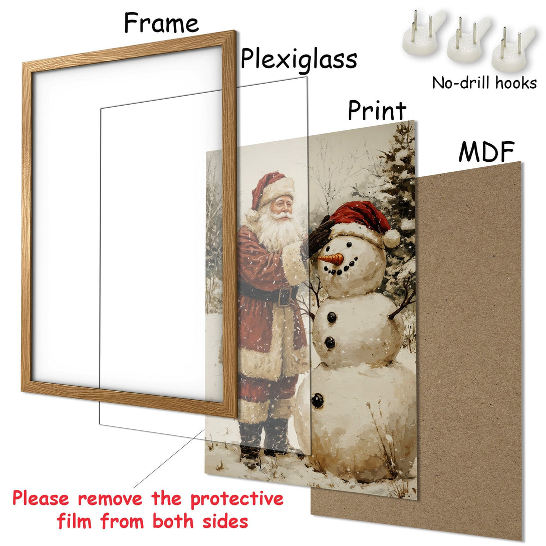 Framed Poster featuring Santa and a snowman in a winter scene. Warm, rustic color palette. Perfect Christmas decor!