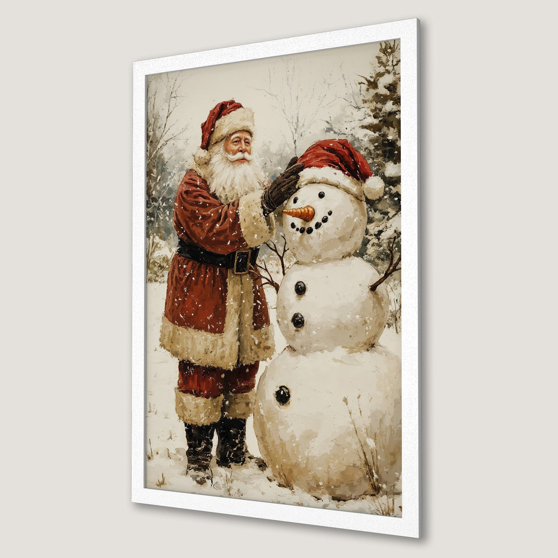 Framed Poster featuring Santa Claus building a snowman in a winter scene. Rustic style with red, white, and brown color palette. Perfect Christmas decor.