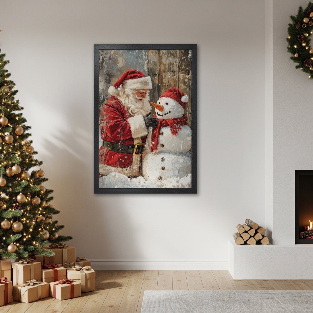 Framed Poster featuring Santa building a snowman, festive art in red & white, perfect Christmas decor.