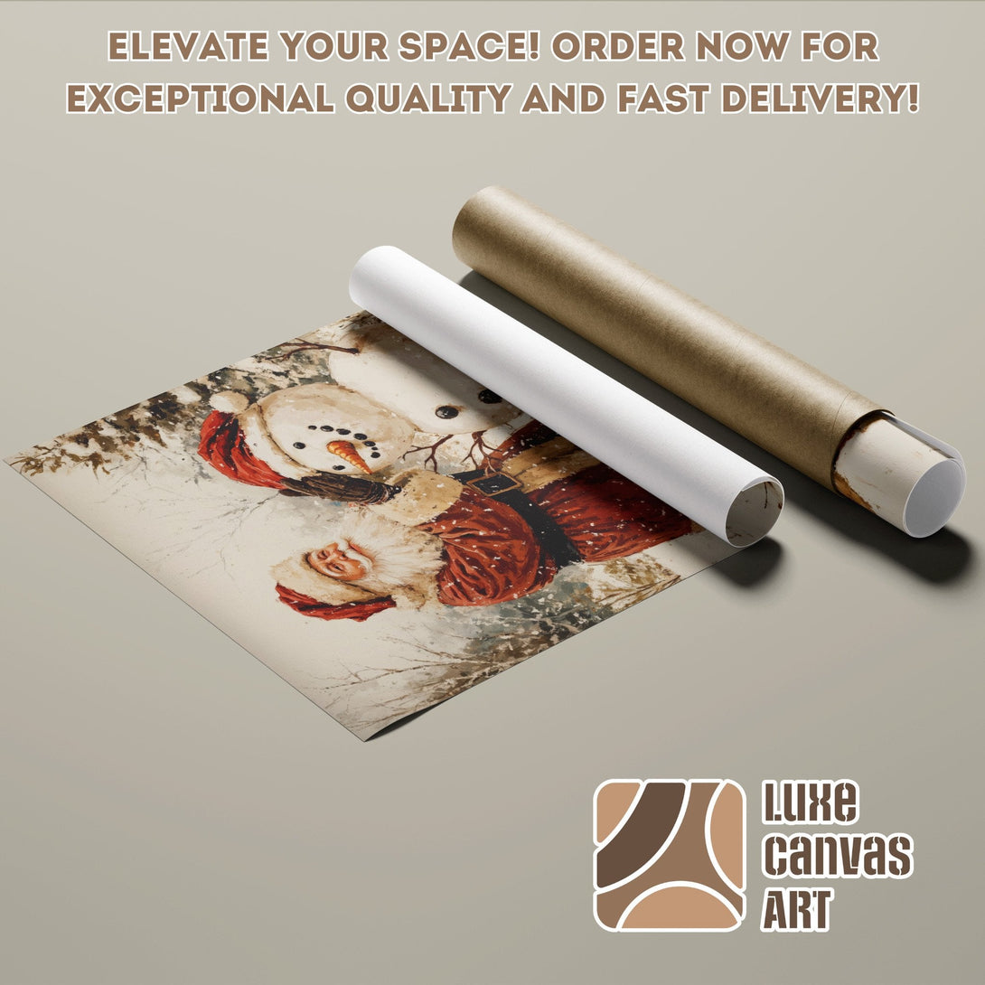 Christmas Poster Roll with Santa & Snowman art, warm color palette. Order now!