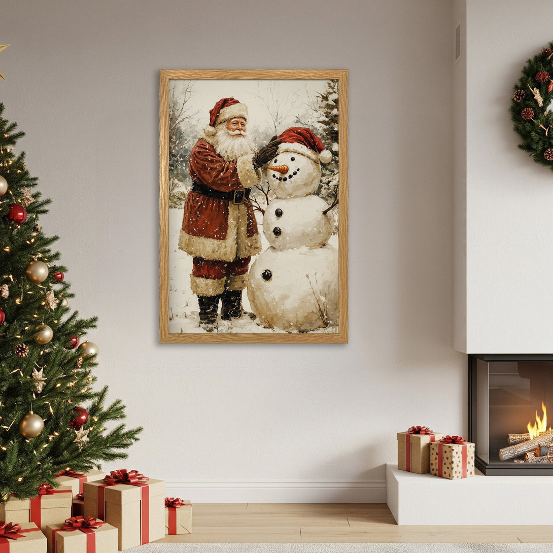 Framed Poster featuring Santa Claus and snowman in a vintage style, warm red and white palette. Perfect Christmas decor!