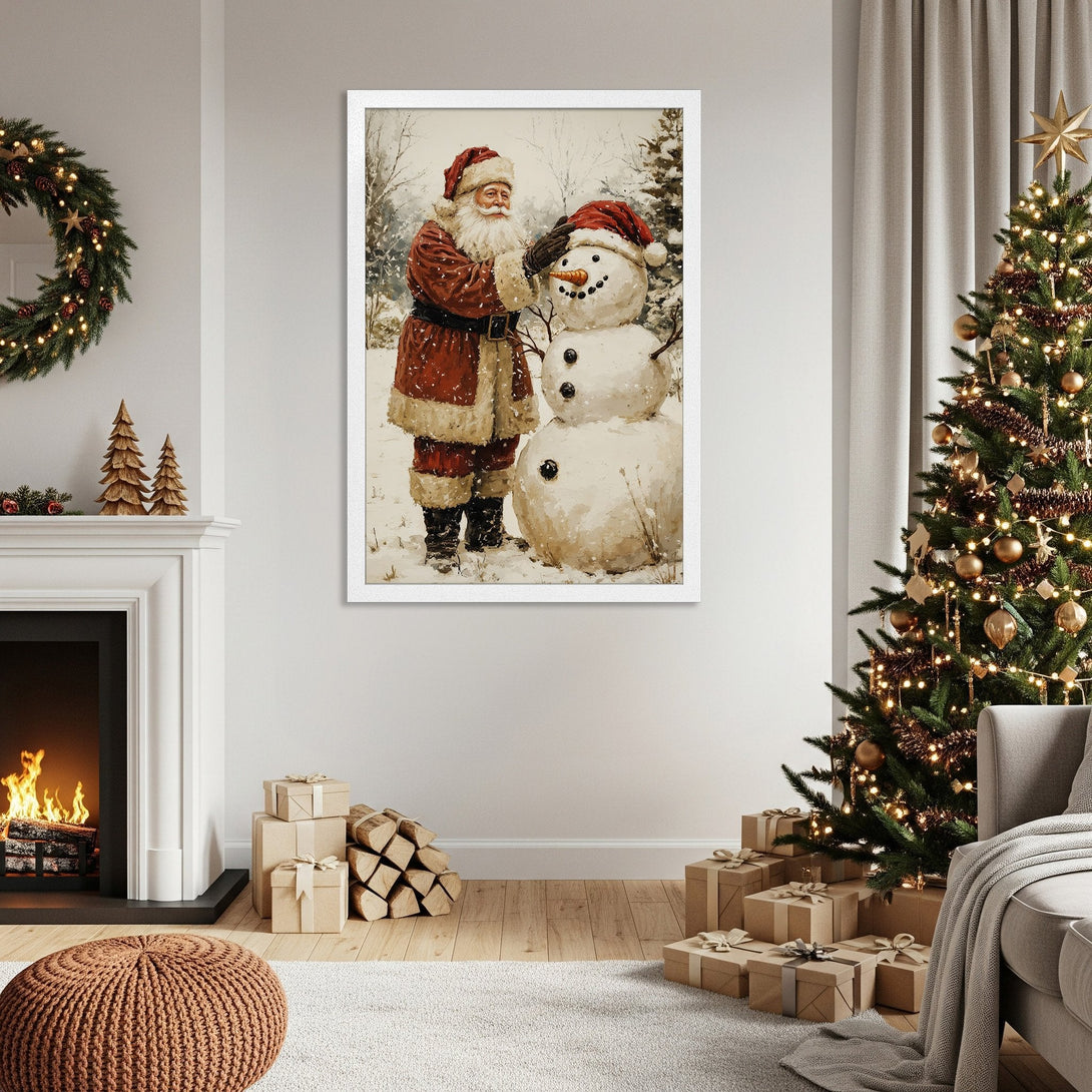 Framed Poster featuring Santa and a snowman in a vintage style, with a warm red and white color palette, perfect for Christmas decor.