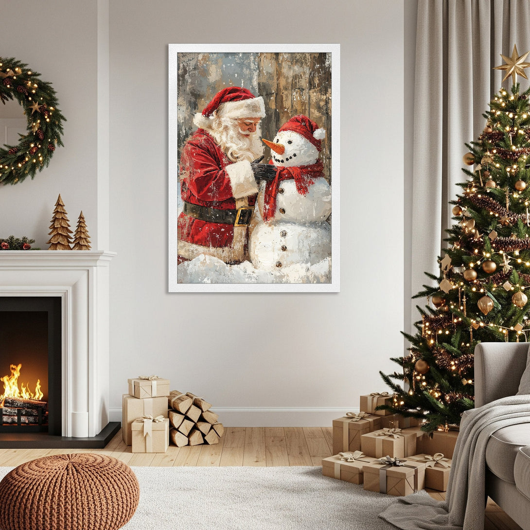 Framed Poster featuring Santa and snowman in a vintage style, with a warm red and white color palette. Perfect Christmas decor!