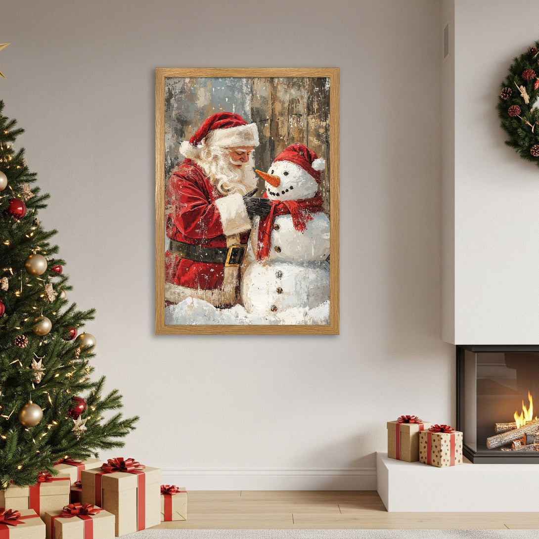 Framed Poster featuring Santa & snowman in a warm, festive style. Rich red & white color palette perfect for Christmas decor.