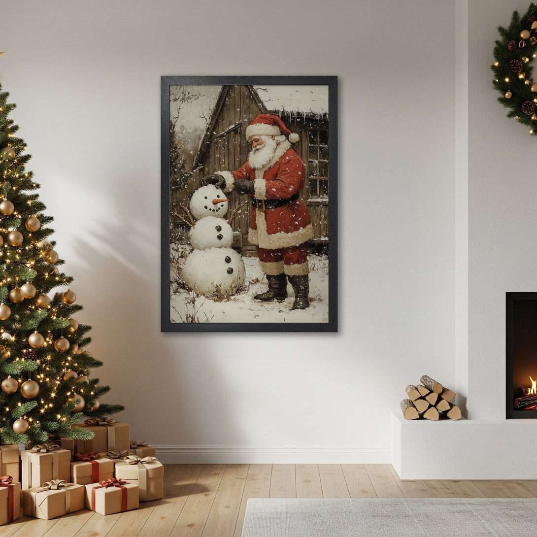 Framed Poster featuring Santa building a snowman. Vintage style, warm red and neutral color palette. Perfect Christmas decor.