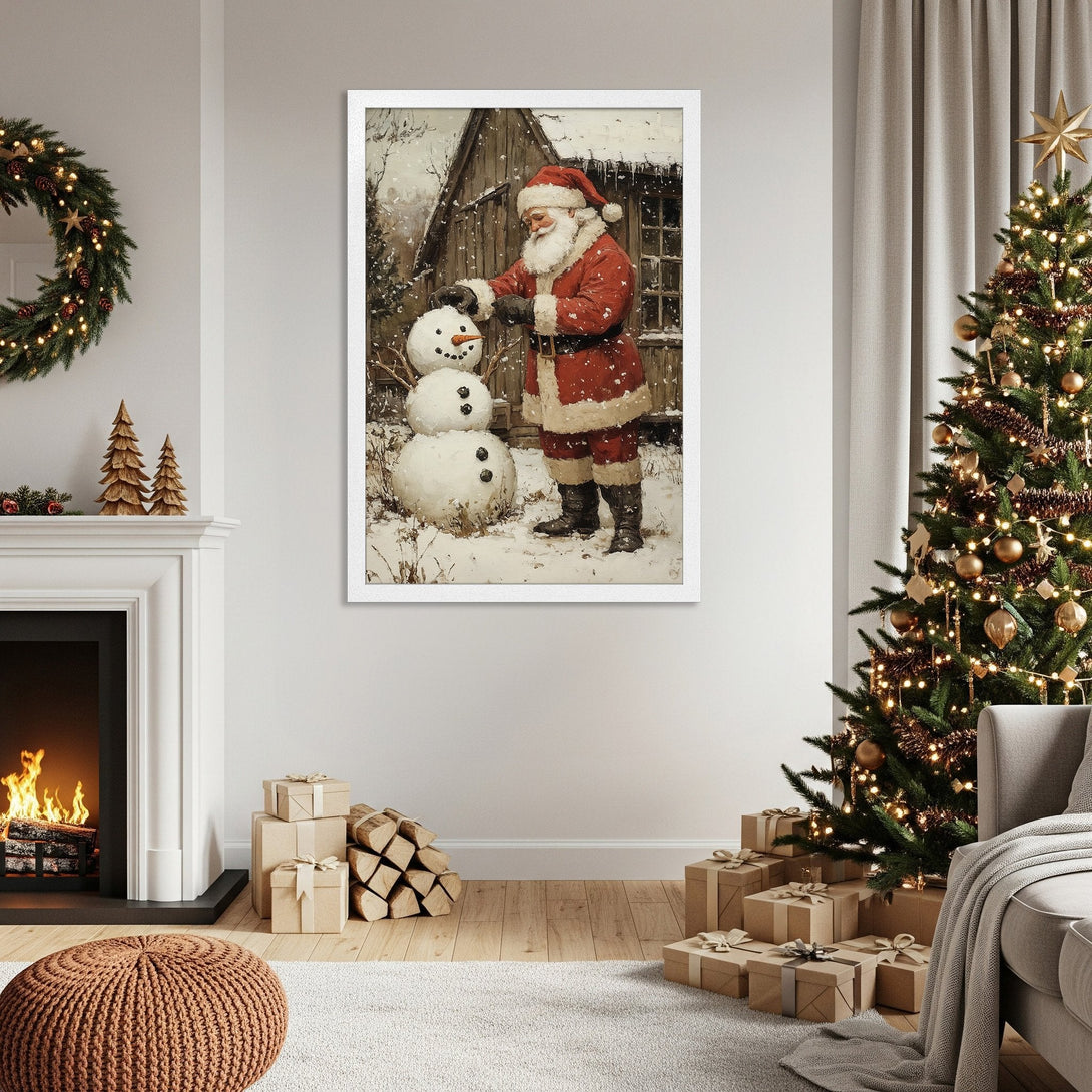 Framed Poster featuring Santa building a snowman in a vintage style, warm color palette, perfect for Christmas decor.