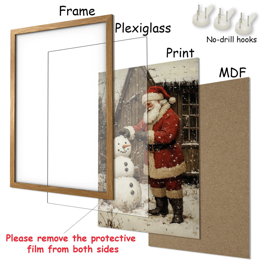 Framed Poster of Santa Claus building a snowman in a snowy scene. Rustic style, warm red and neutral color palette. Perfect holiday decor!