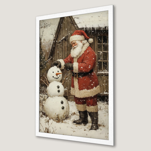 Framed Poster: Santa building a snowman, vintage style, warm red & snow white palette. Perfect Christmas decor!