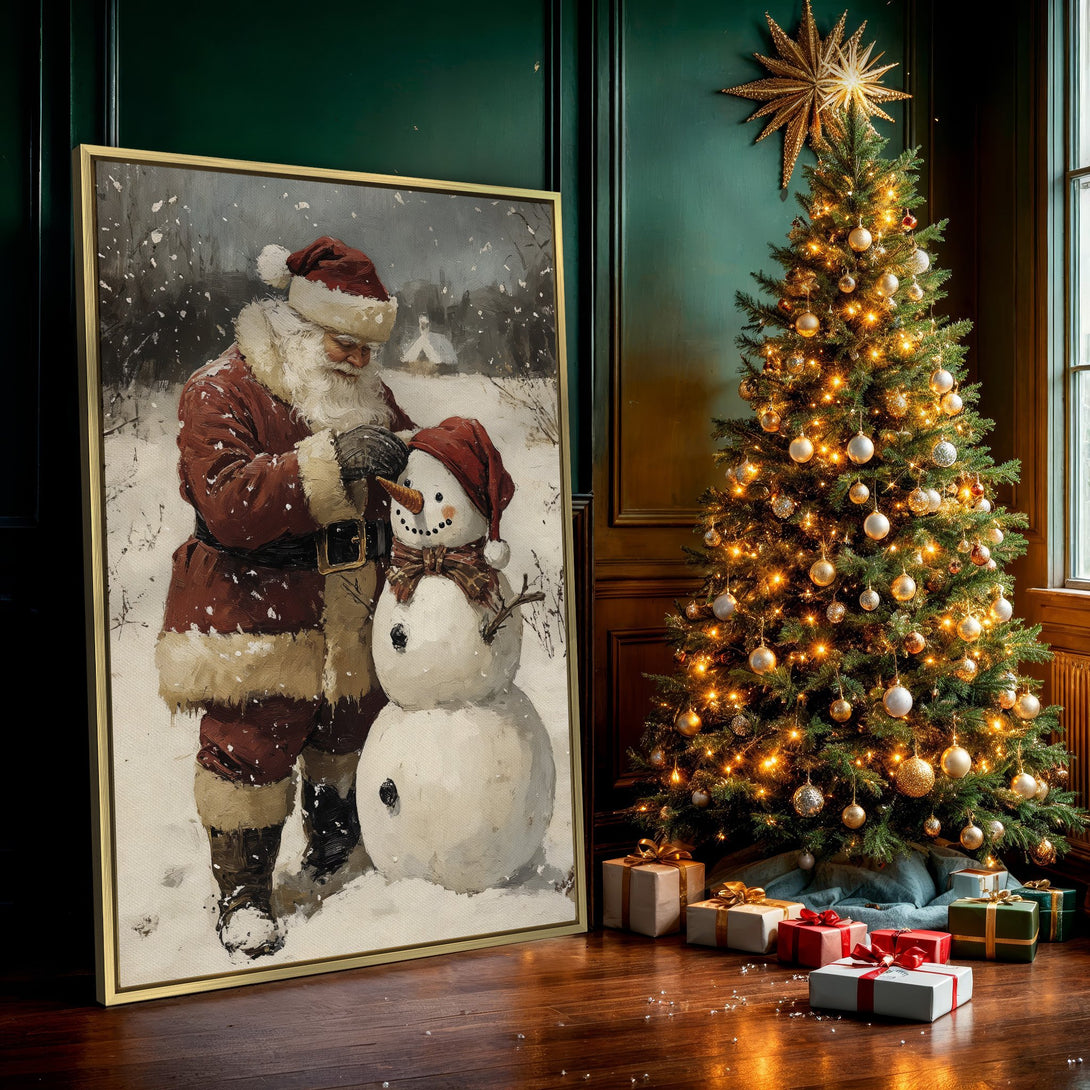Canvas Print of Santa Claus building a snowman in a snowy scene. Vintage style, warm red & white color palette, perfect holiday decor.