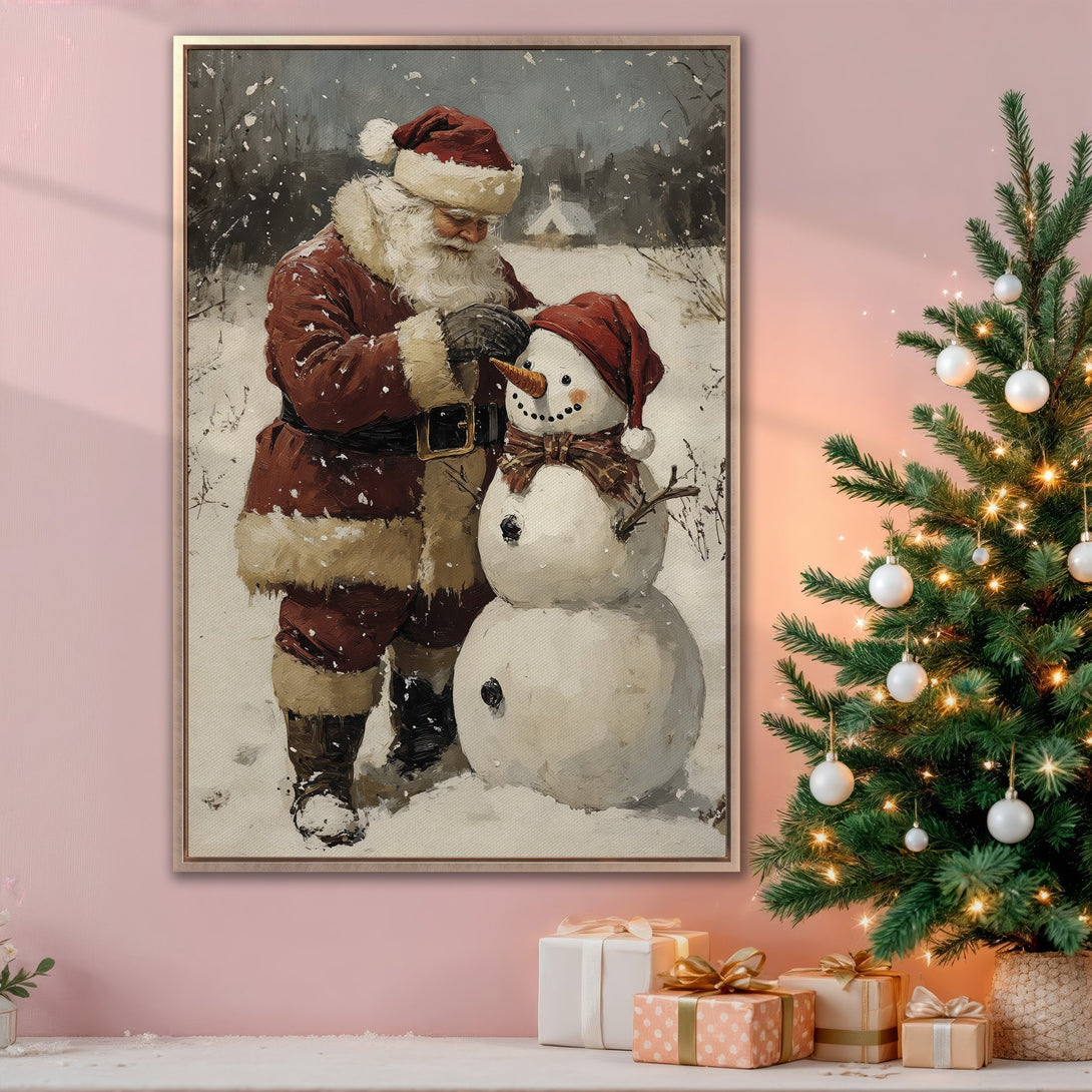 Framed Wall Art: Santa Claus building a snowman in a snowy scene. Rustic style, warm red and brown tones, perfect for Christmas decor.