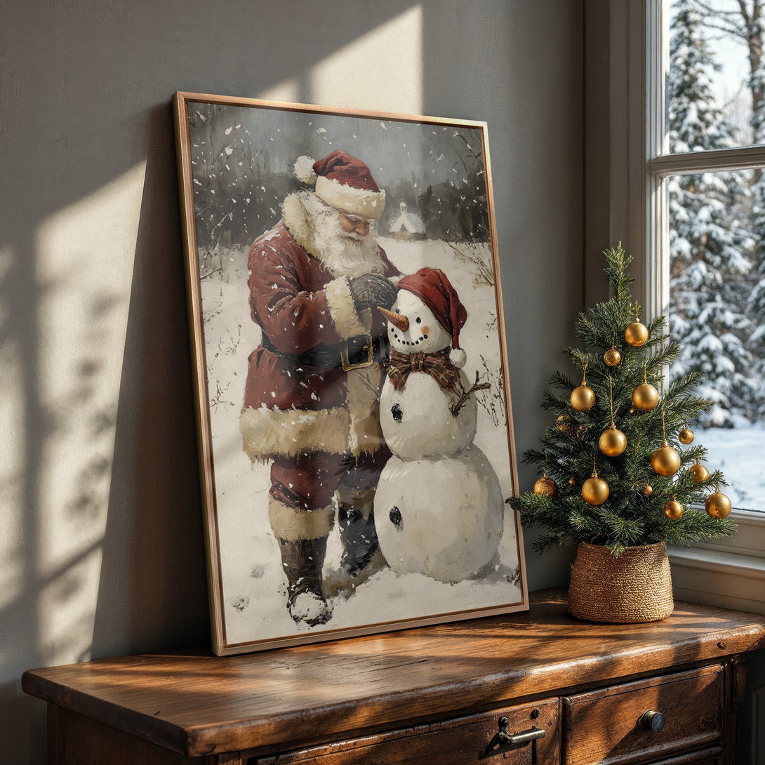 Framed Wall Art: Vintage Santa painting in warm red & white tones. Perfect Christmas decor! Classic style Canvas Print for cozy holiday vibes.
