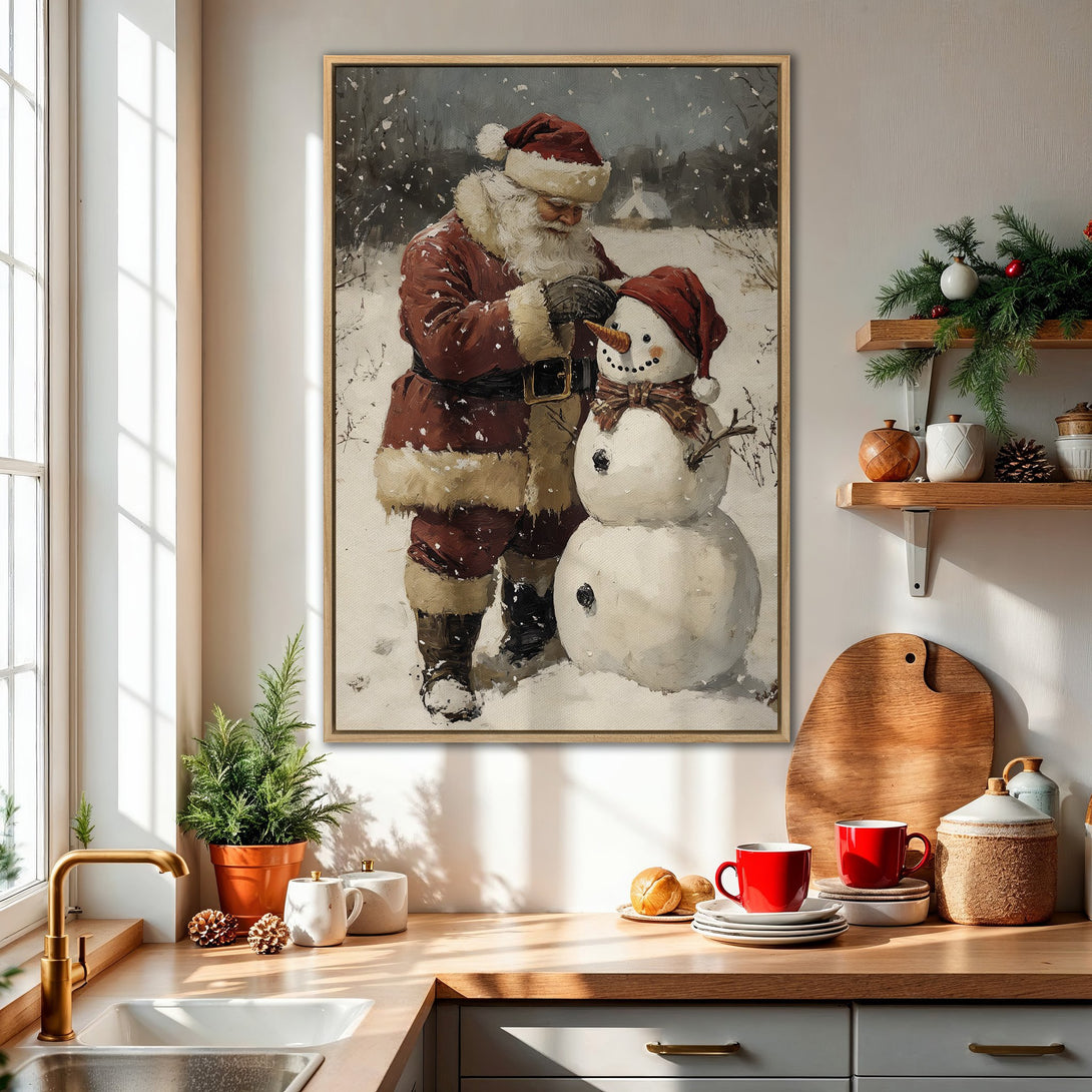 Framed Wall Art: Vintage Santa Claus with snowman in a snowy scene. Rustic style with a warm red and neutral color palette, perfect for holiday decor.