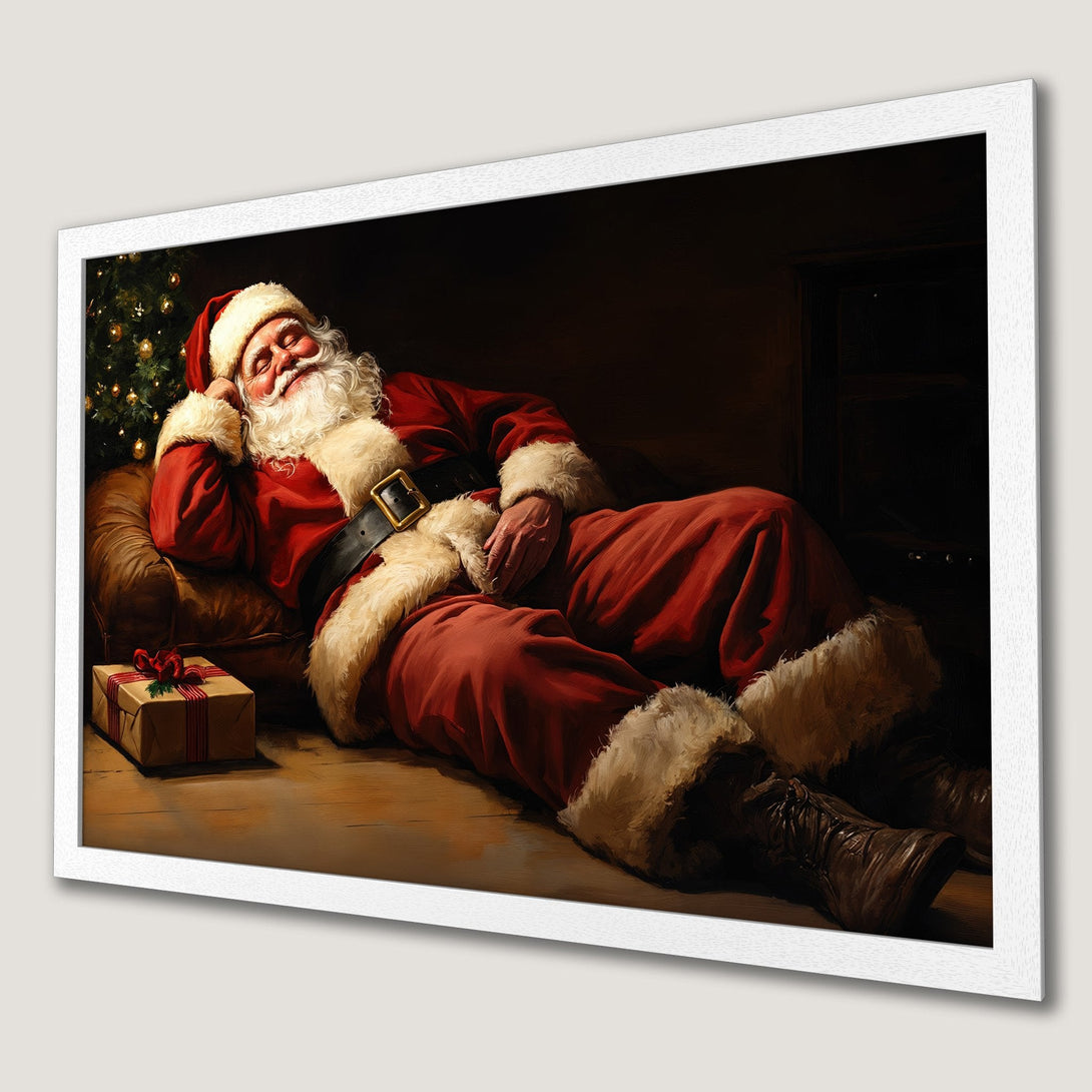 Framed Poster of Santa Claus resting, warm color palette, cozy holiday art. Perfect Christmas decor.