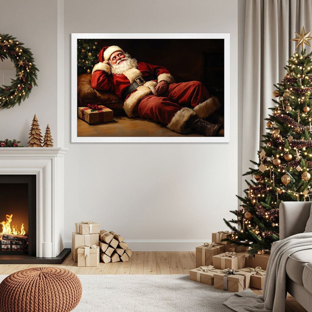 Framed Poster of Santa Claus relaxing in a cozy Christmas scene. Warm, inviting colors with a classic, festive style. Perfect holiday decor!
