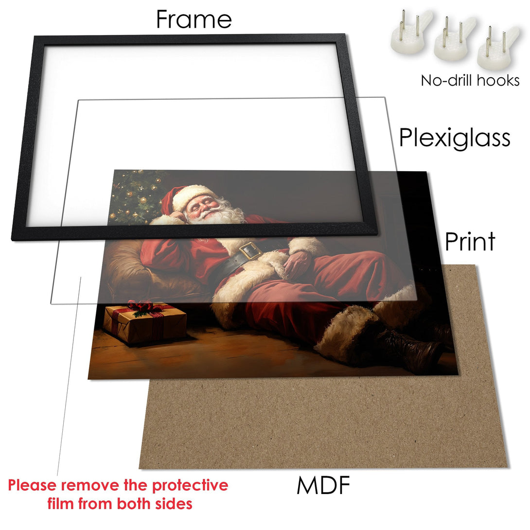 Framed Poster featuring Santa Claus relaxing, warm red & brown tones, perfect Christmas decor.