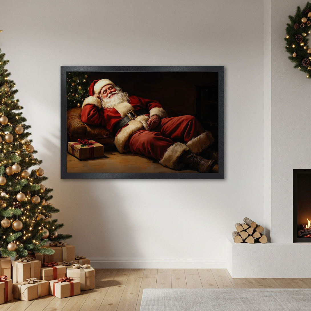 Framed Poster featuring Santa Claus relaxing in a warm, Christmas scene. Classic style, rich red and warm neutral color palette. Perfect holiday decor!