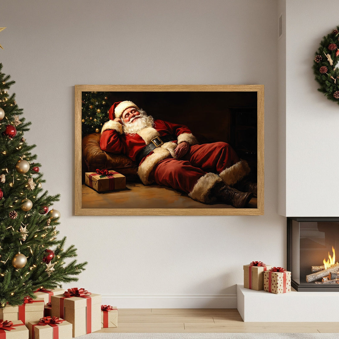 Framed Poster of Santa Claus relaxing, warm red & gold tones, perfect Christmas decor. Classic art style.