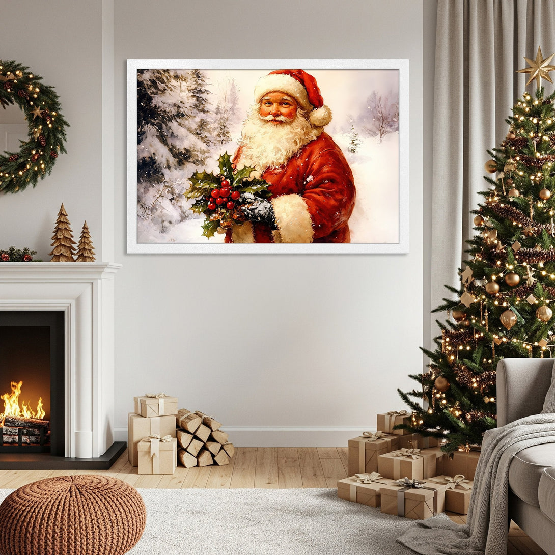 Framed Poster of Santa Claus in a winter scene. Festive artwork with a red, white, and green color palette. Perfect Christmas decor!