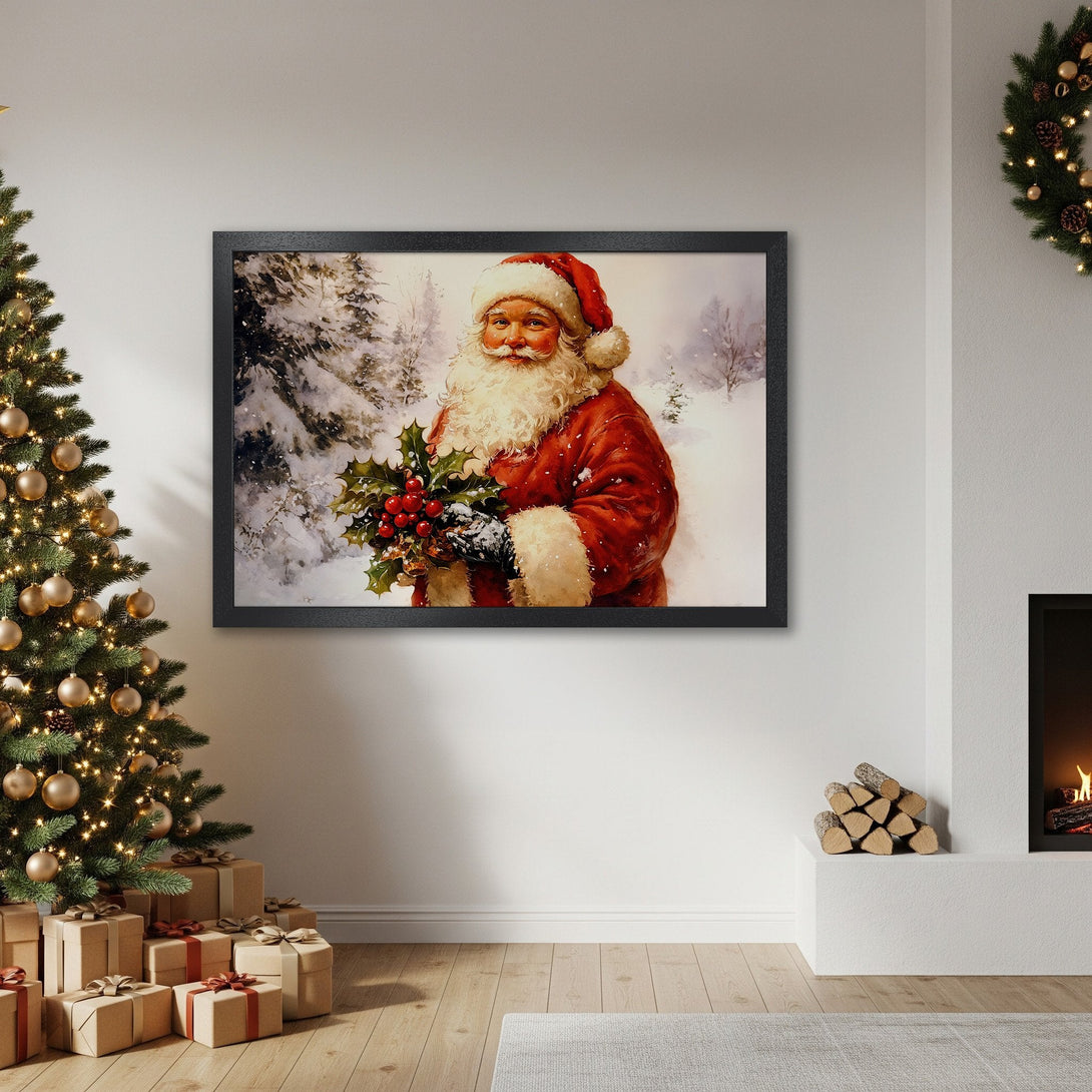 Framed Poster featuring Santa Claus in a winter scene. Vintage style, red and white color palette. Perfect Christmas decor!